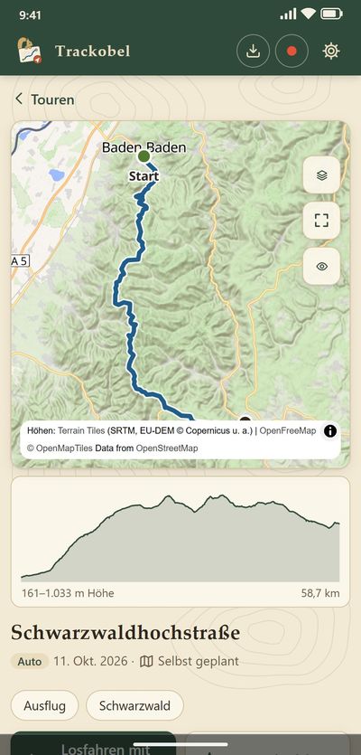 Trackobel: Tour mit Karte und Höhenprofil